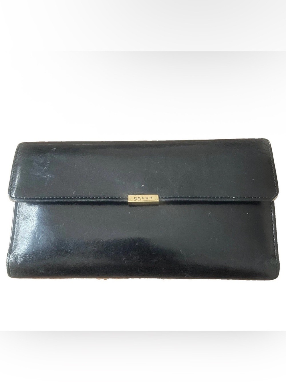 Coach Vintage Black Patent Leather Wallet Clutch Gold Logo Bifold